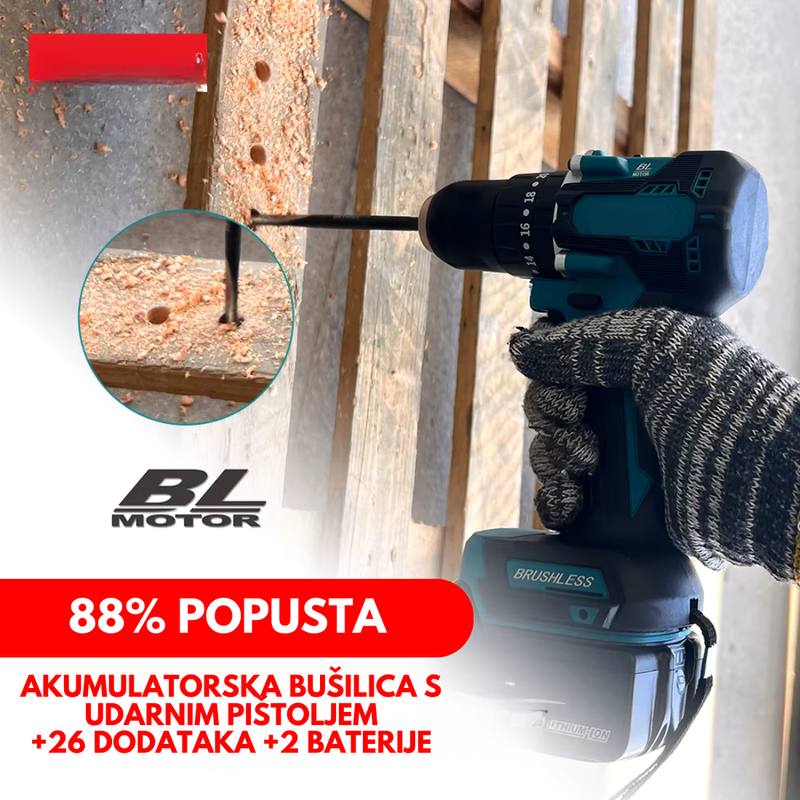 ORIGINAL SET: AKUMULATORSKA BUŠILICA S UDARNIM PIŠTOLJEM + 26 DODATAKA + 2 BATERIJE – BLACK FRIDAY AKCIJA